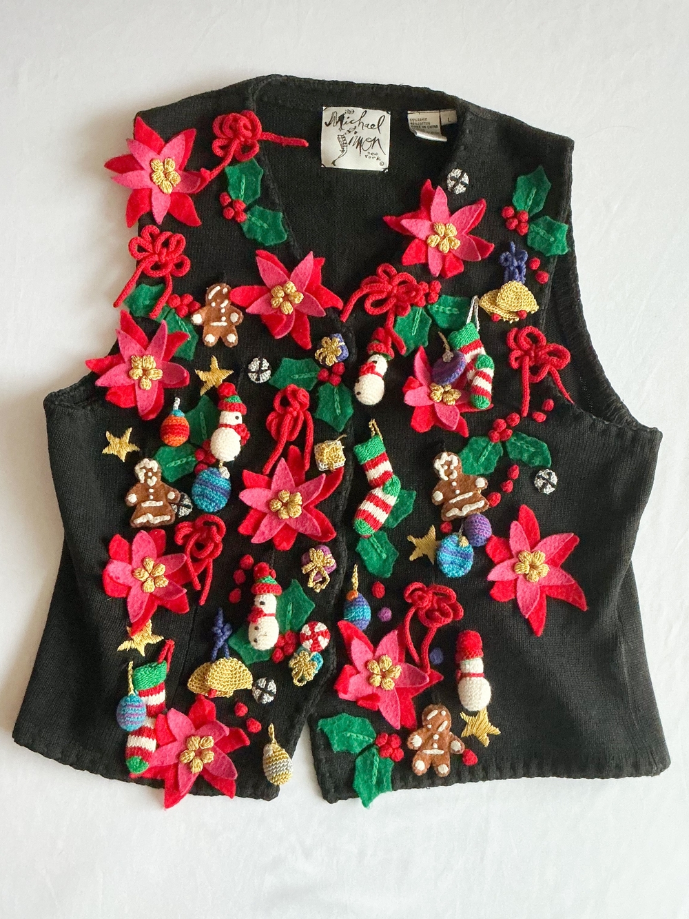 Michael Simon Christmas Ugly Sweater Vest Black Red 3D Holiday Appliqué Size Lg